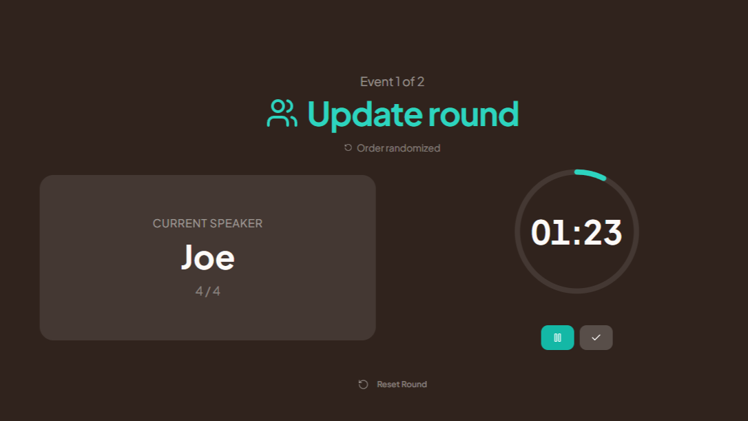 AtMeety update round screen showing the countdown timer at 01:23