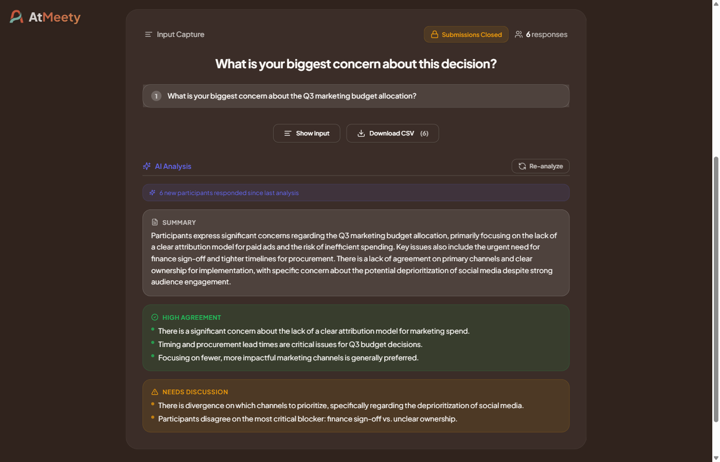 AtMeety Input Capture showing an AI summary of participant concerns, with high-agreement points and items that need discussion