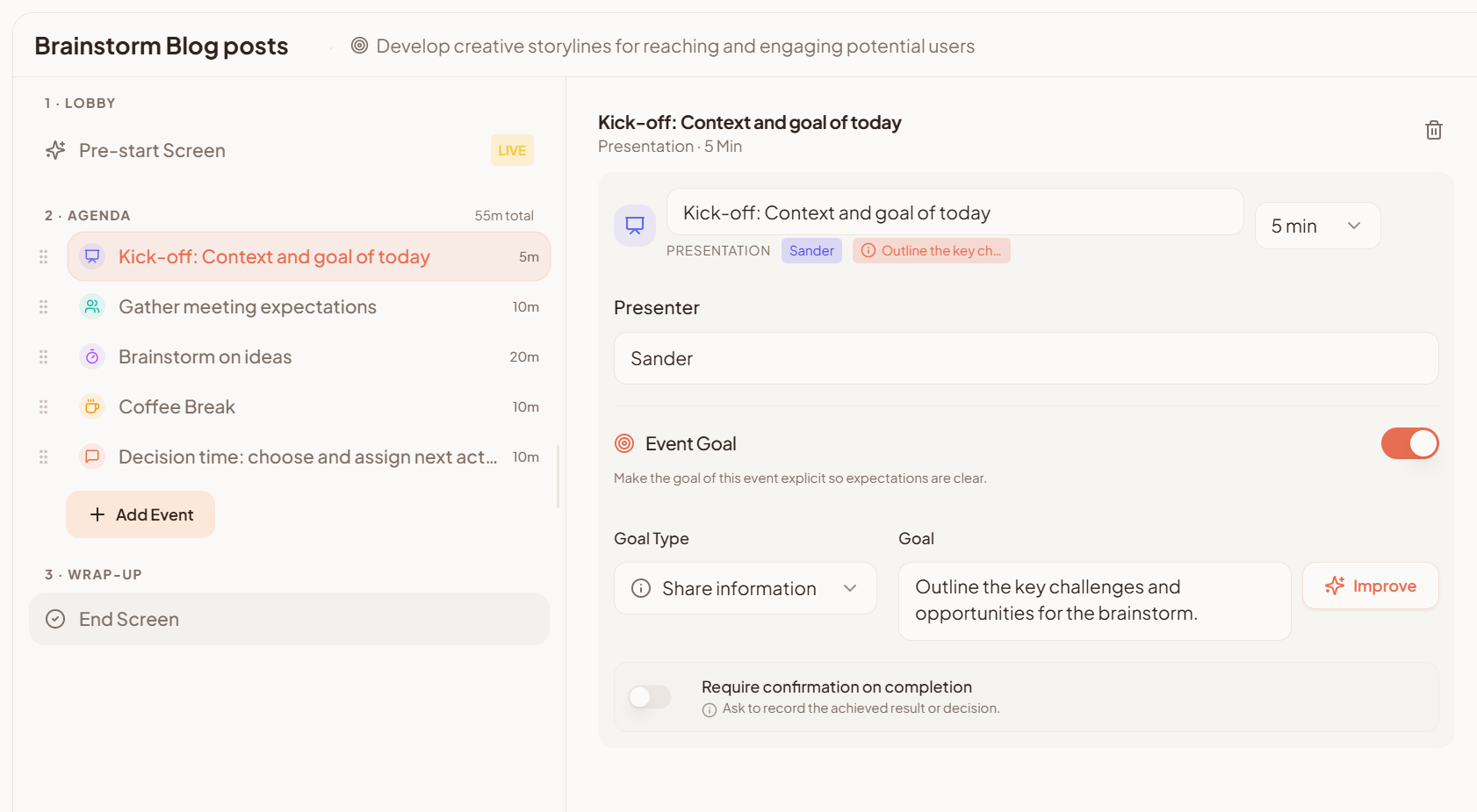 Agenda-first planning interface