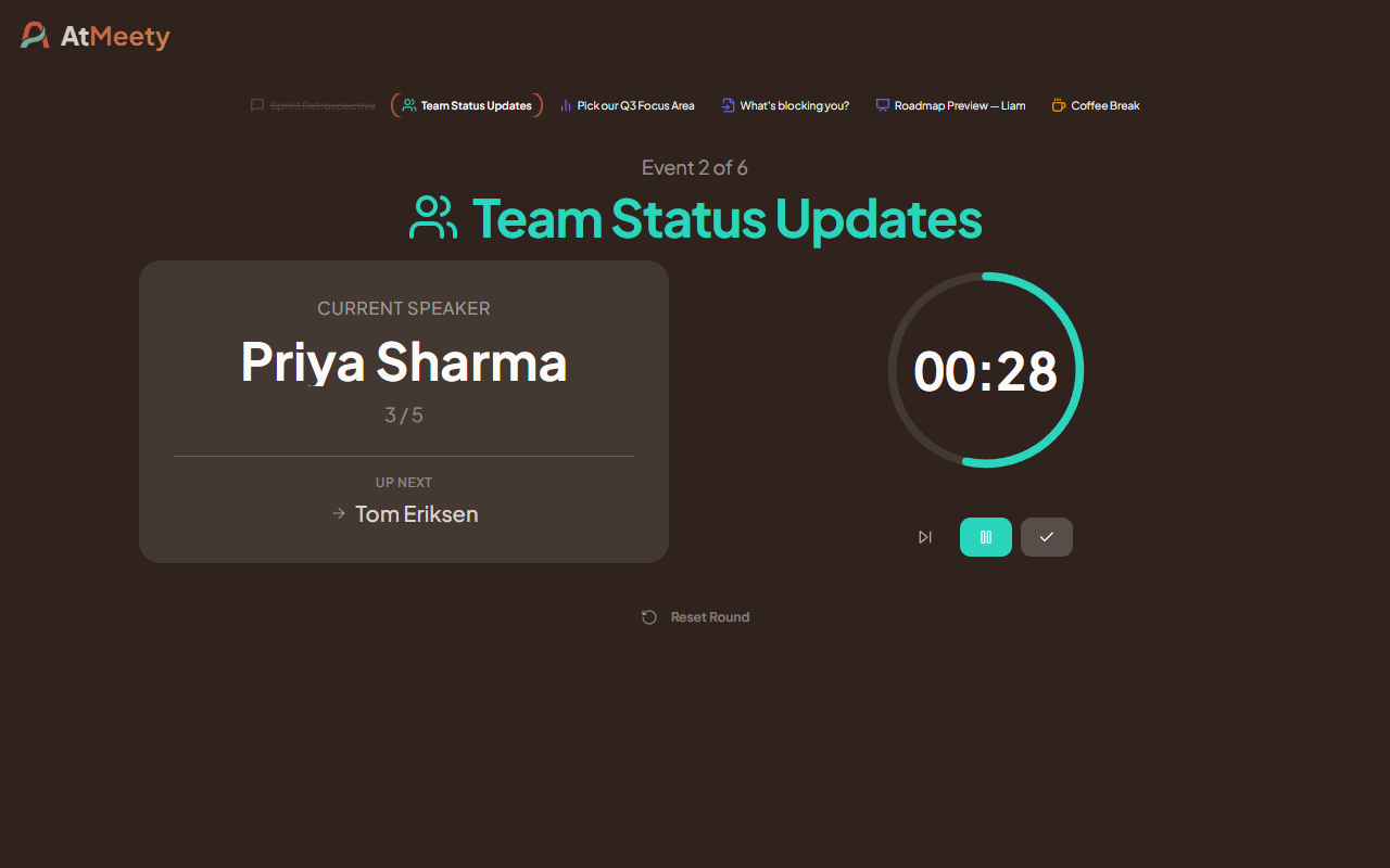 Update Round — Priya Sharma highlighted as current speaker with per-speaker countdown timer and mini agenda strip