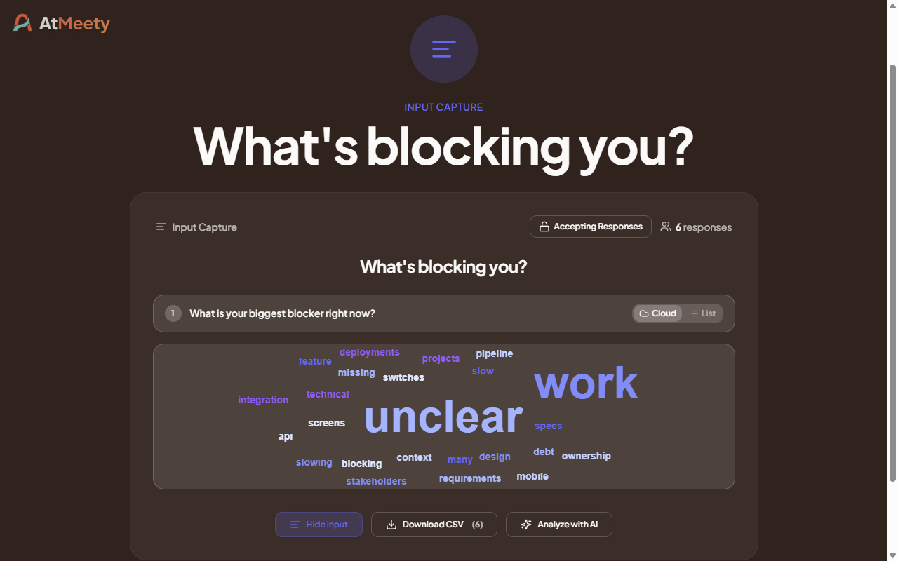 Input Capture — word cloud view with participant responses