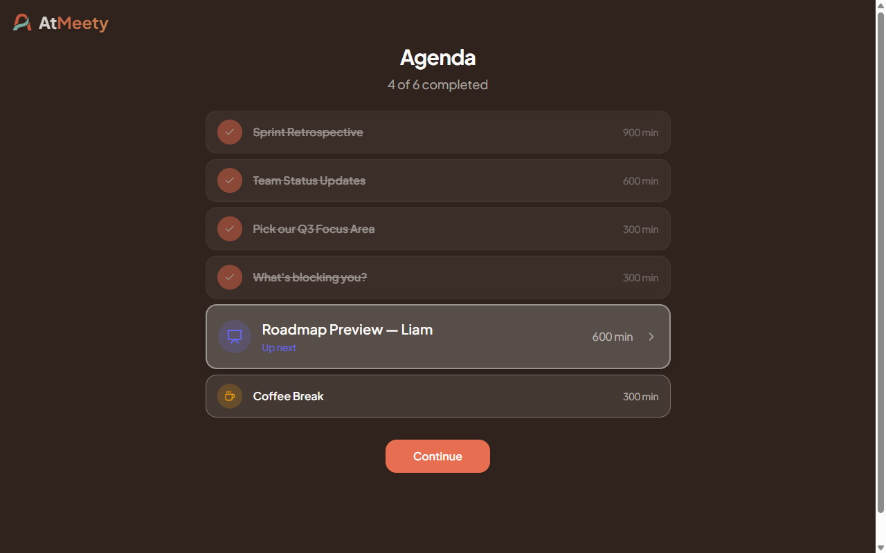 Agenda transition screen showing 4 of 6 items completed with upcoming events highlighted