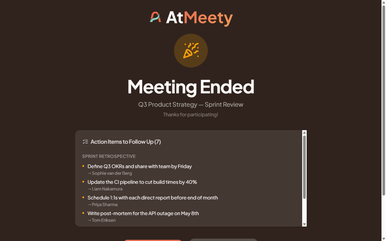 Meeting ended screen showing 7 action items grouped by event with assignees
